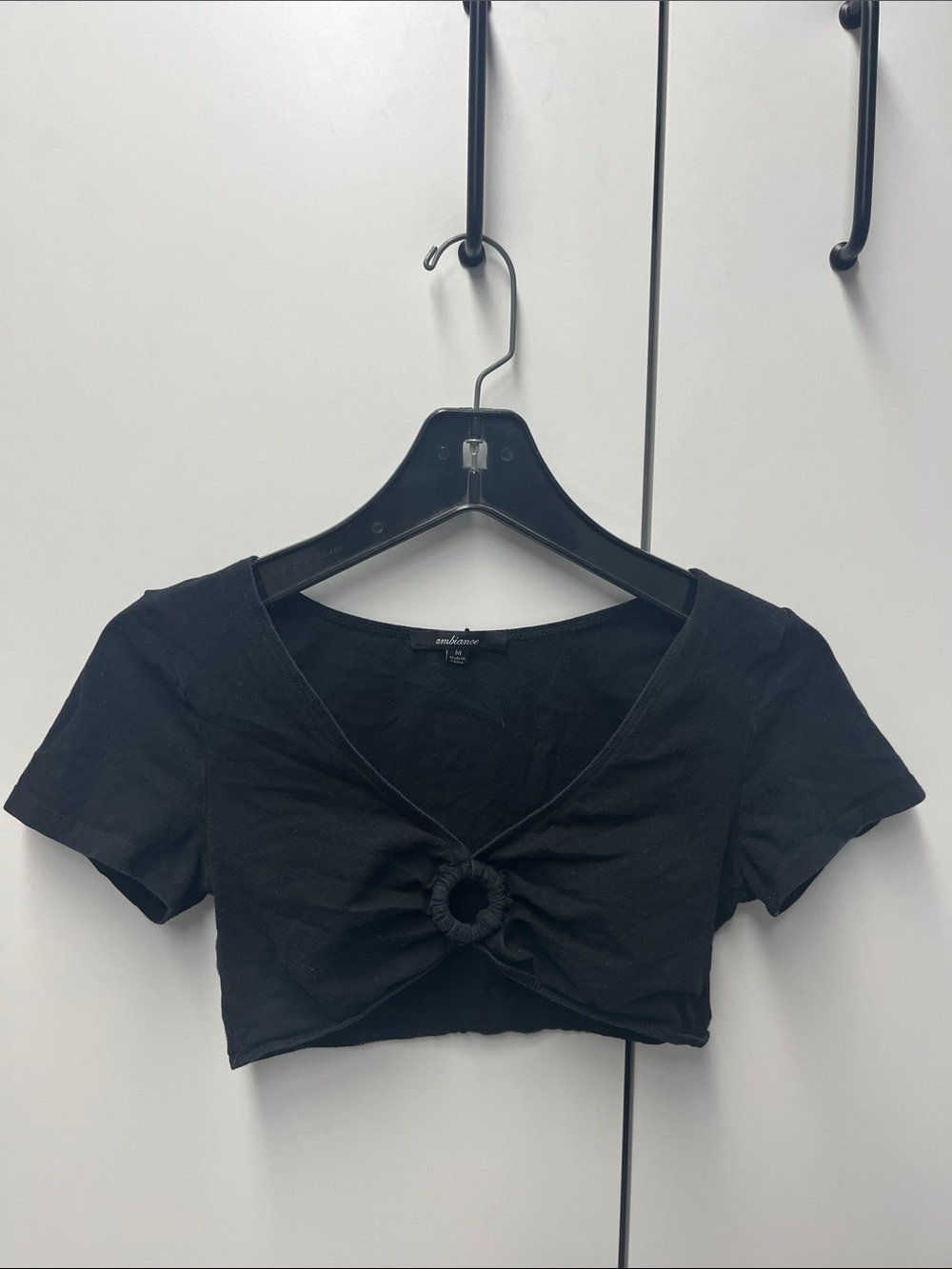 Ambiance Black Cropped V-Neck Ring-Front Tee